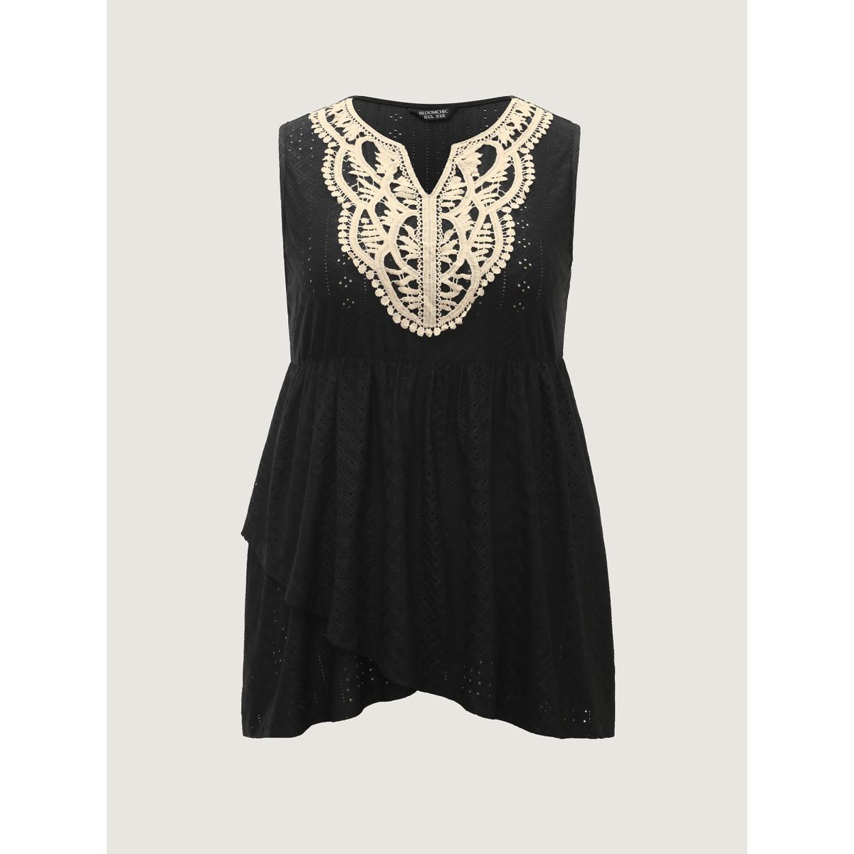 Plus Size Textured Floral Lace Neck Long Tank Top Women Black Overlapping Flat collar with V-notch Everyday-Elegant Tank Tops Camis BloomChic 12/L Product Image