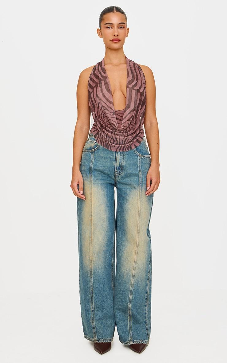 Brown Zebra Print Mesh Printed Halter Neck Top Product Image