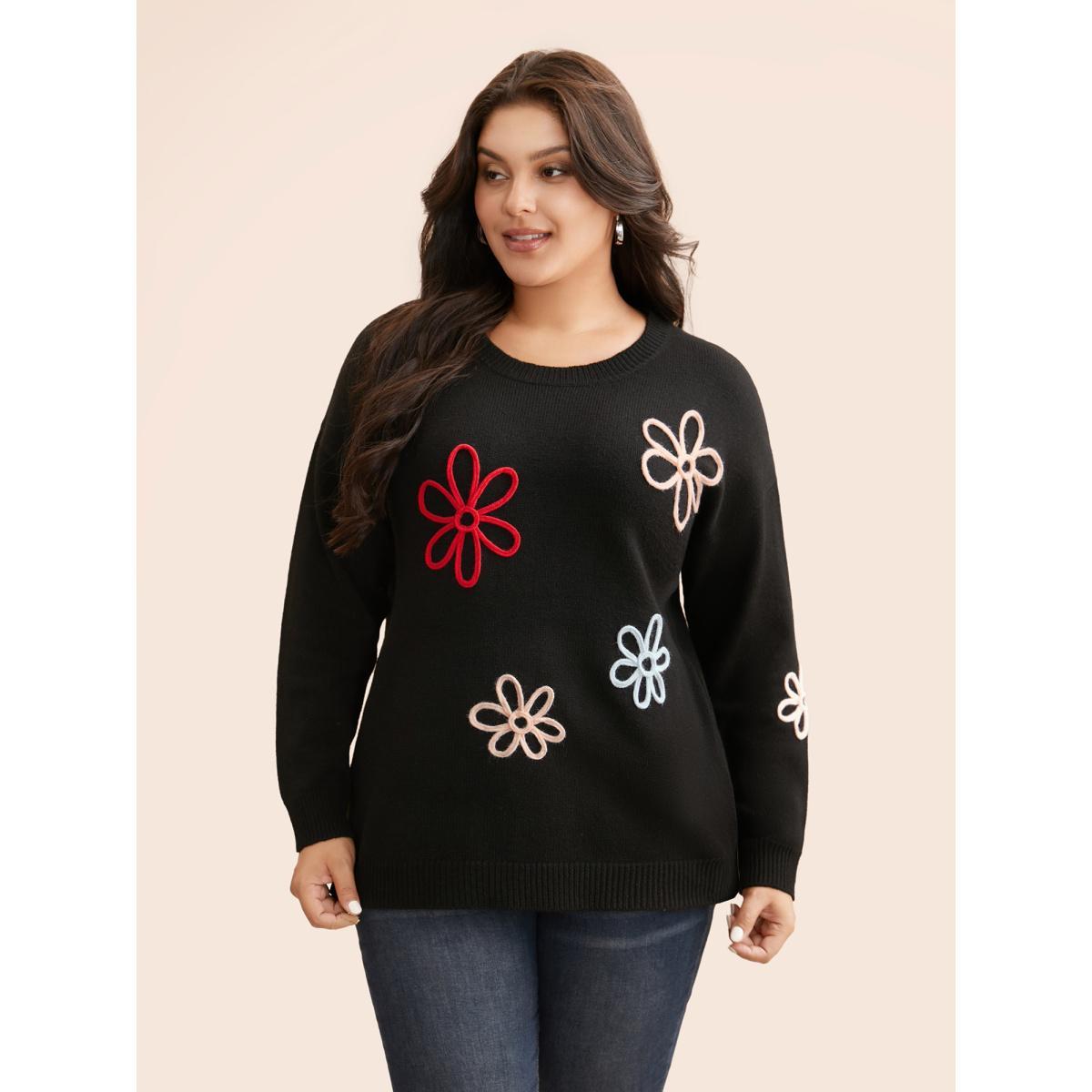 Plus Size Crochet Floral Crew Neck Pullover Black Women Casual Loose Long Sleeve Round Neck Everyday Pullovers BloomChic 30/6X Product Image