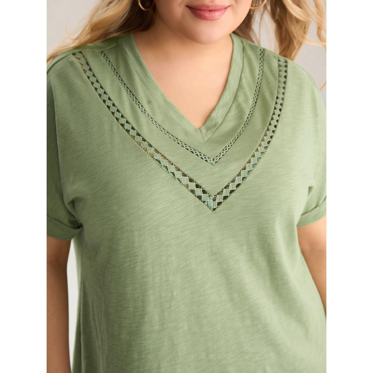 Plus Size Bamboo Fabric Lace Trim Flowy T-Shirt Greenbean Women Woven ribbon&lace trim V-neck Everyday-Casual T-shirts BloomChic 12/L Product Image