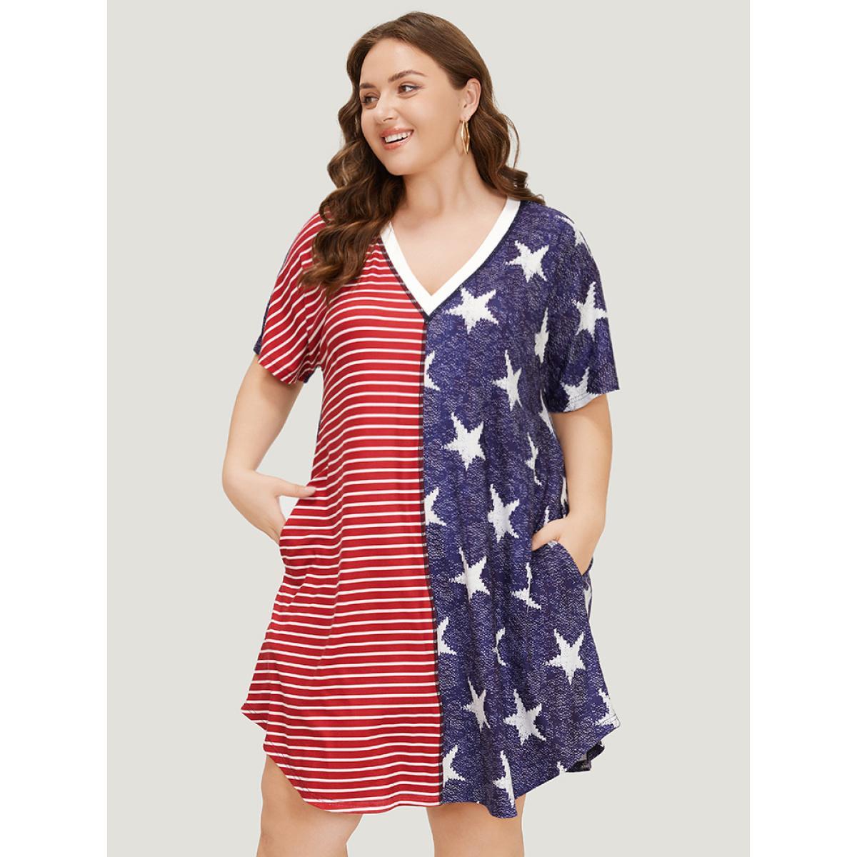 Plus Size Star & Striped Patchwork Curved Hem Pocket Dress Multicolor Women Casual Arc Hem V-neck Short sleeve Curvy Knee Dress BloomChic 30/6X Product Image