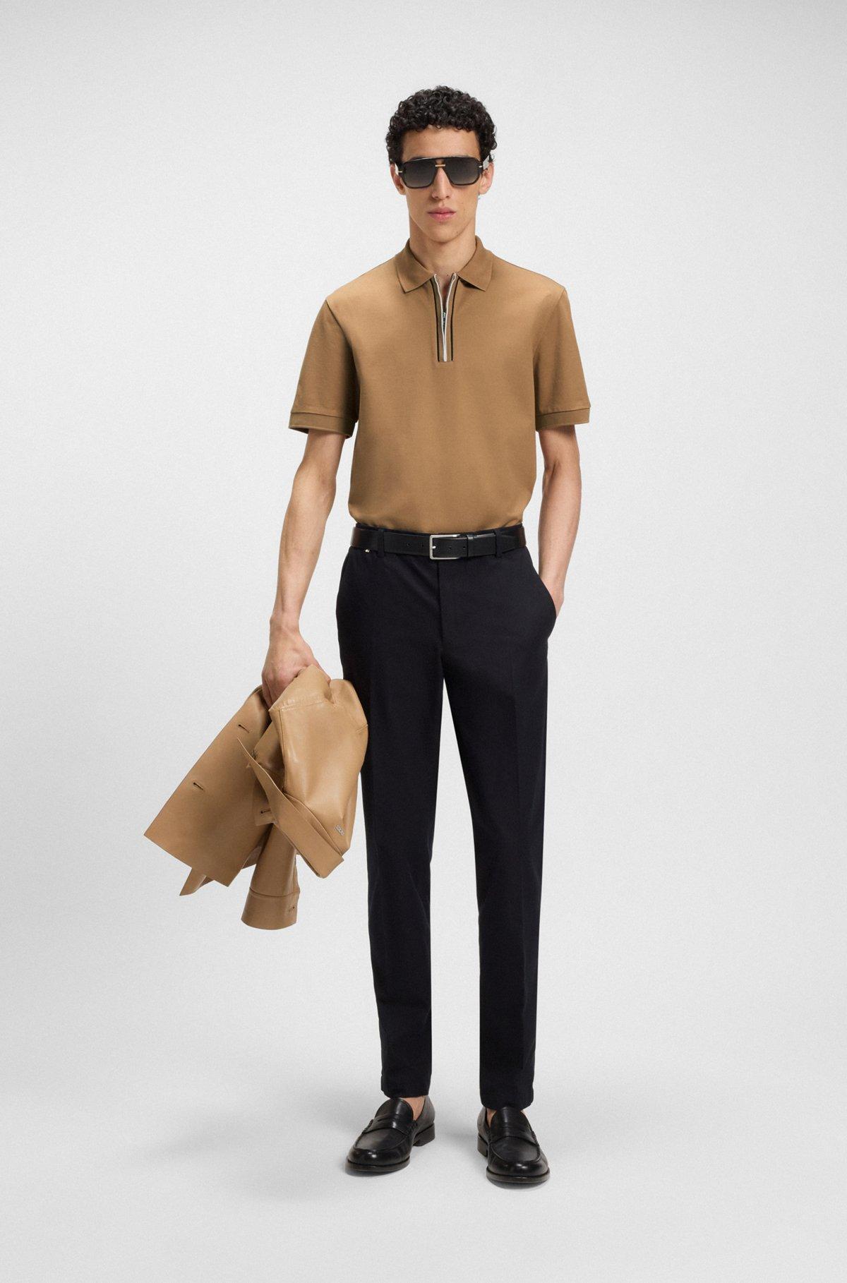 BOSS - Mercerized cotton polo shirt with contrast zip - Beige Product Image