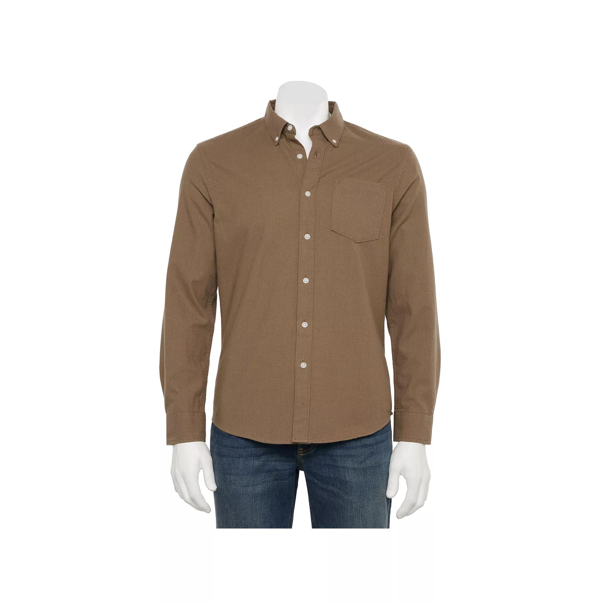 Men's Sonoma Goods For Life® Long Sleeve Slim Fit Perfect Length Button-Down Shirt, Size: XXL SLIM, Brown Dobby Product Image