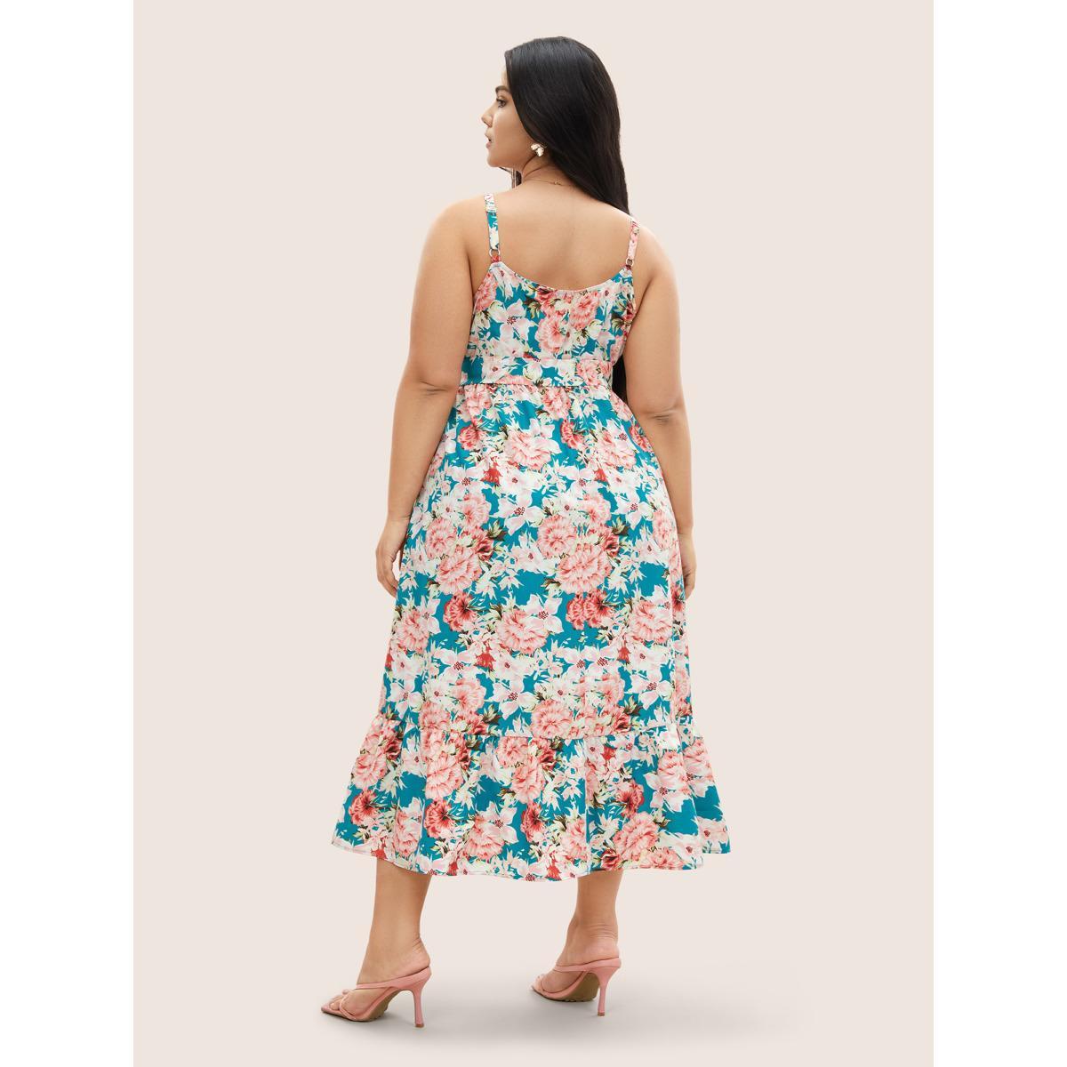 Plus Size Floral Print Wrap Belted Cami Dress Cerulean Women Elegant Overlapping Non Sleeveless Curvy Midi Dress BloomChic 30/6X Product Image
