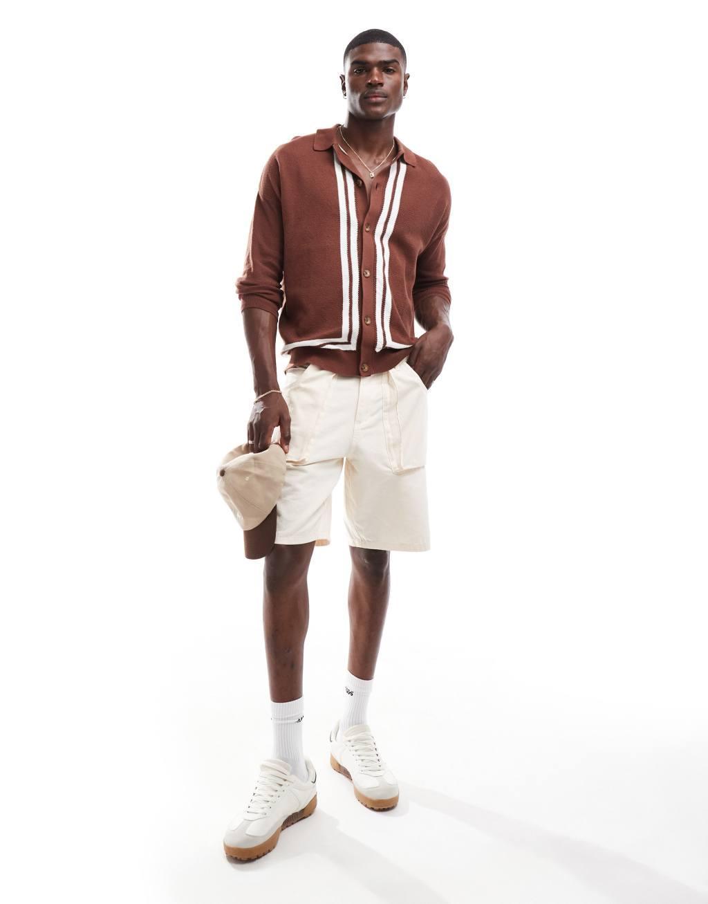 ASOS DESIGN relaxed knit button through polo in brown texture with border Product Image