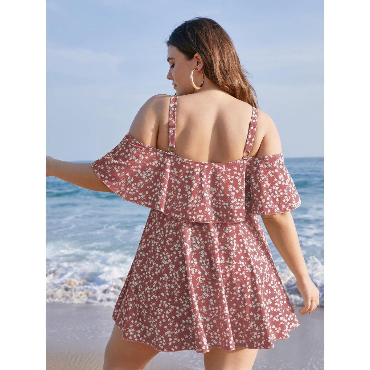 Plus Size Ditsy Floral Cold Shoulder Sculpt Waist Ruffles Swim Dress Women's Swimwear Salmon Beach Bodycon One-shoulder neck High stretch Curve Swim Dresses BloomChic 28/5X Product Image