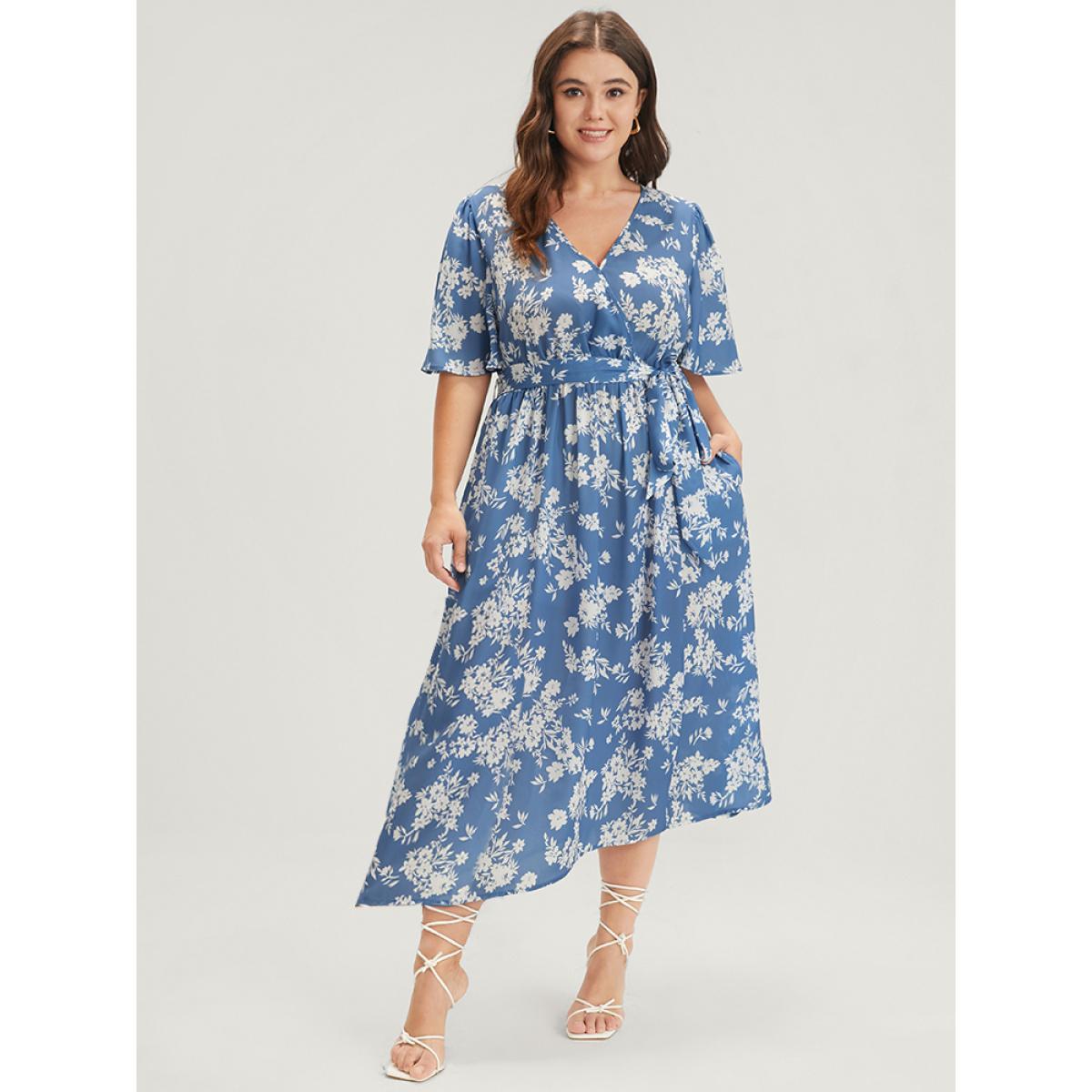 Plus Size Floral Pocket Button Ties Ruffled Split Wrap Midi Dress Stone Women Elegant Printed V-neck Half Sleeve Curvy Midi Dress BloomChic 18-20/2X Product Image