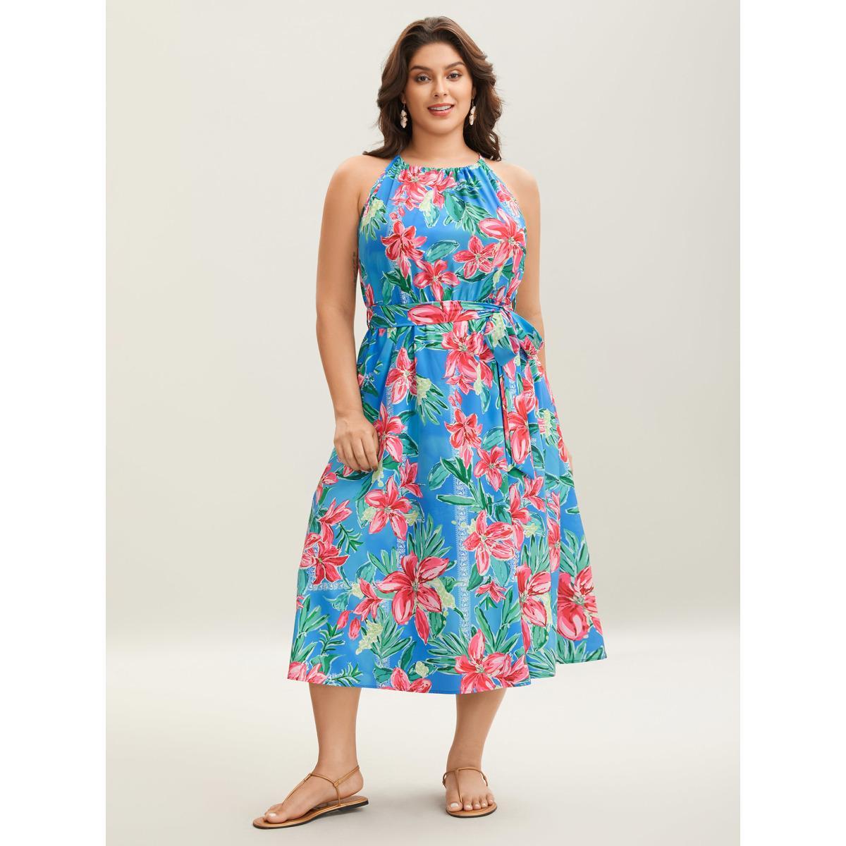 Plus Size Sweet Tropical Print Halter Neck Dress Skyblue Women Halter neck Sleeveless Curvy BloomChic 28/5X Product Image
