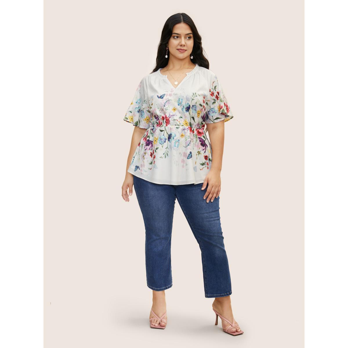 Plus Size Multicolor Floral Flat Collar With V Notch Frill Trim Blouse Women Elegant Short sleeve Flat collar with V-notch Everyday Blouses BloomChic 26/4X Product Image