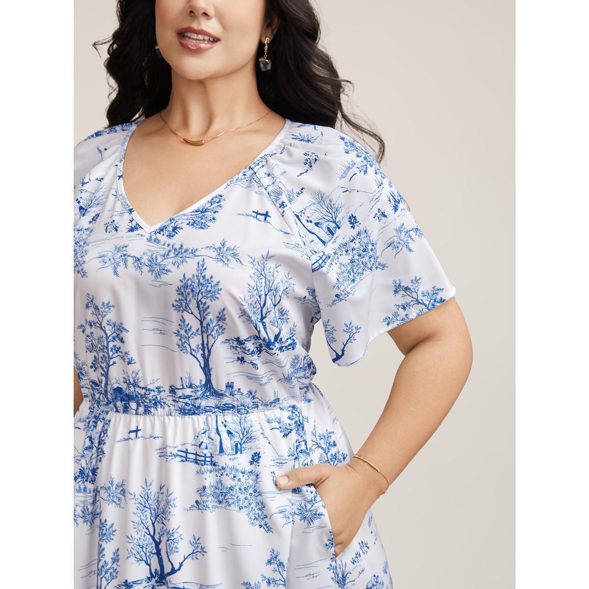 Plus Size Spring Dreams Stretchy-Waist Midi Dress LightBlue Women Elegant Gathered V-neck Short sleeve Curvy BloomChic 12/L Product Image
