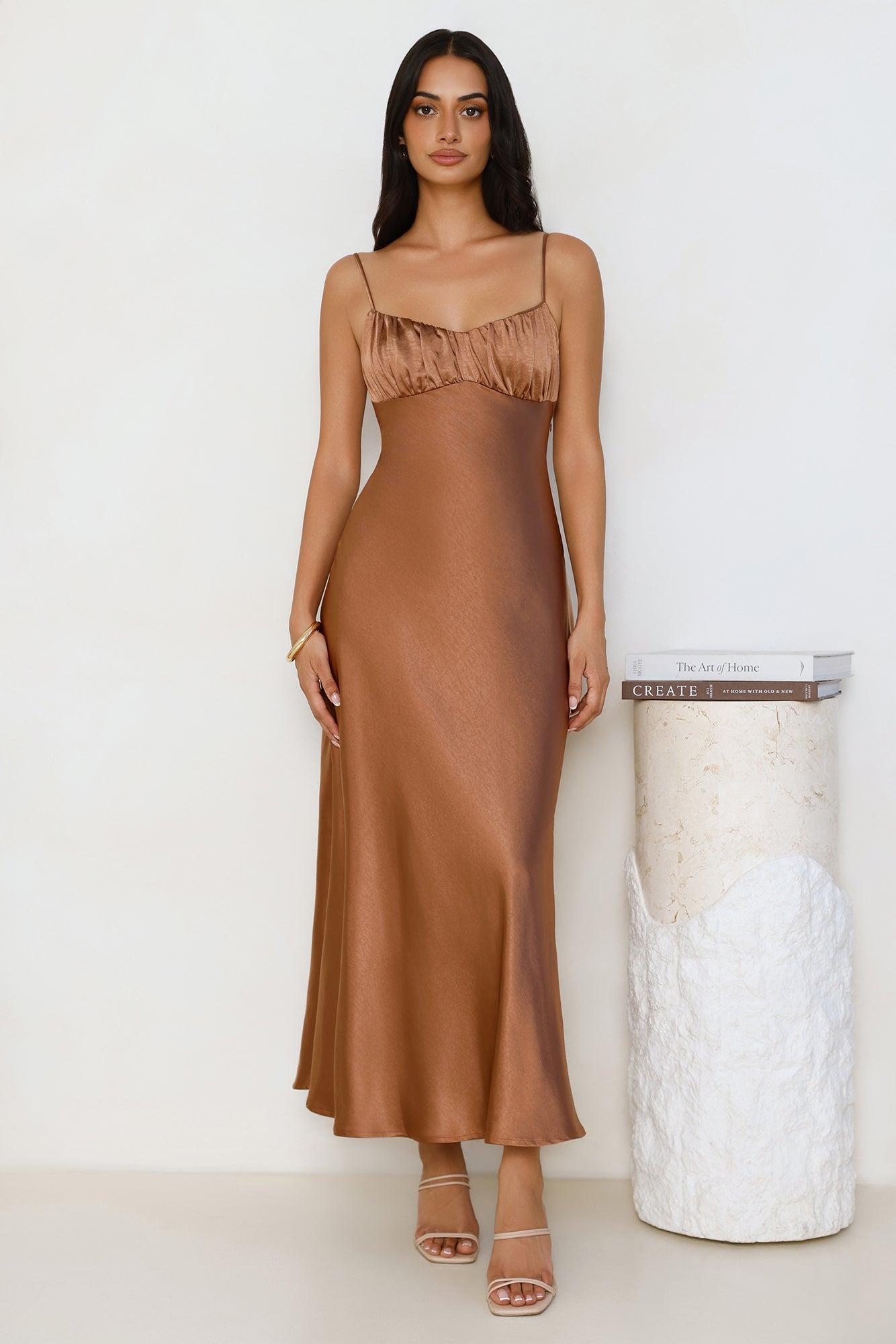 Empire Chic Satin Maxi Dress Chocolate Product Image