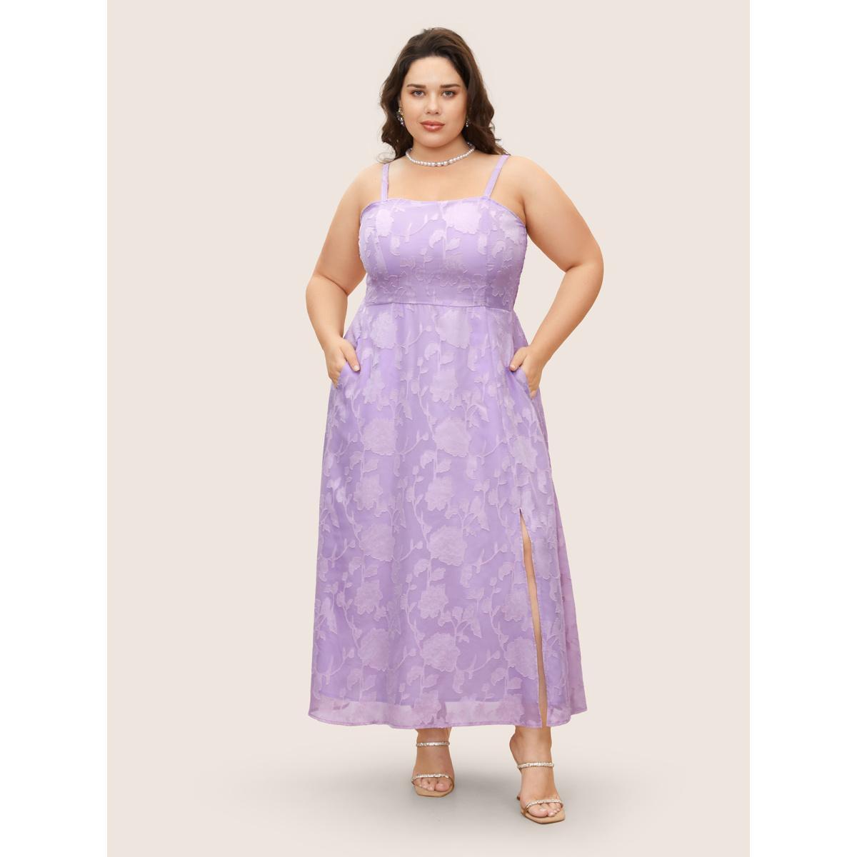 Plus Size Textured Shirred Split Front Cami Dress Lilac Women Formal Non Non Sleeveless Curvy Midi Dress BloomChic 22-24/3X Product Image