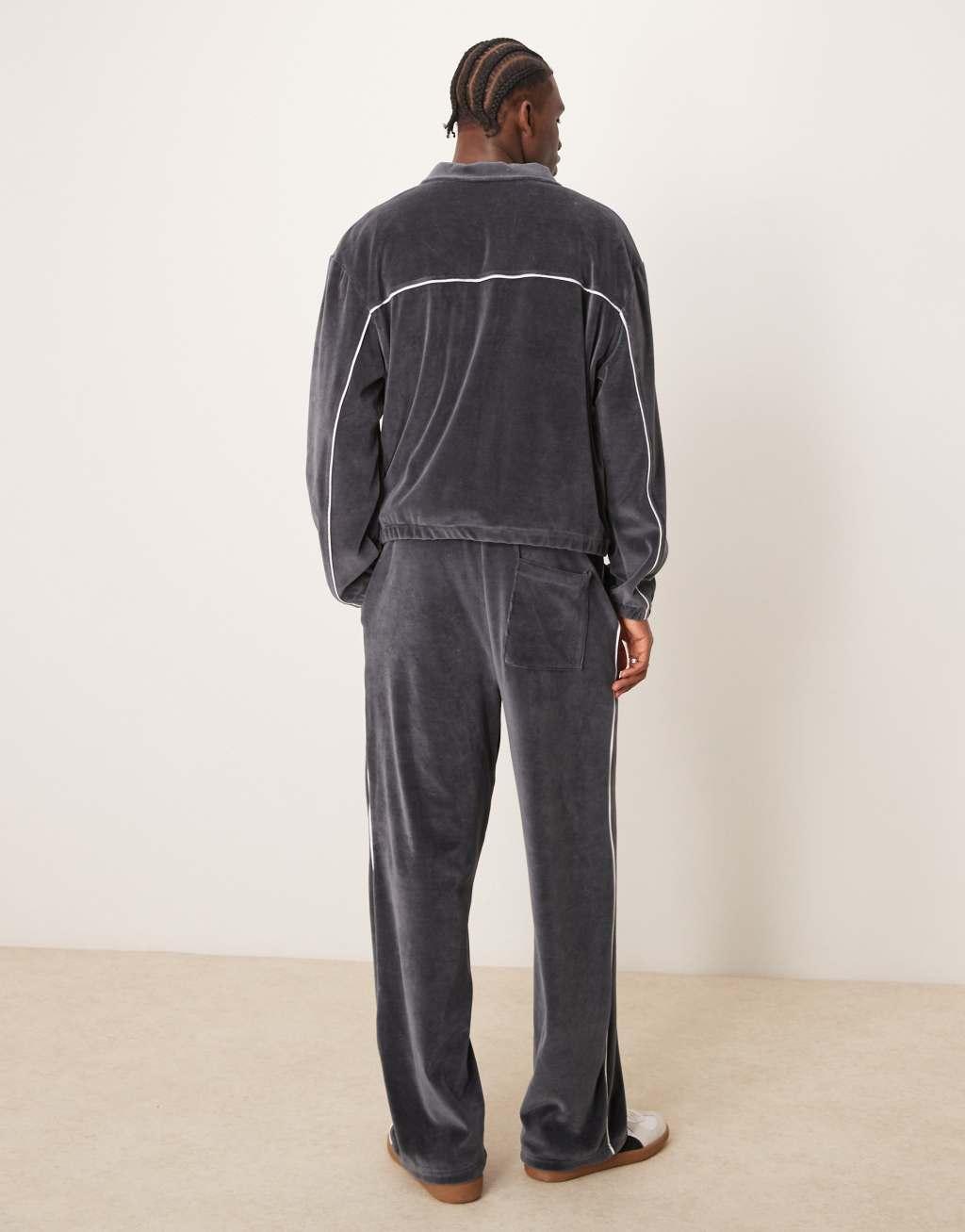 ASOS DESIGN super baggy sweatpants with piping in gray velour - part of a set Product Image
