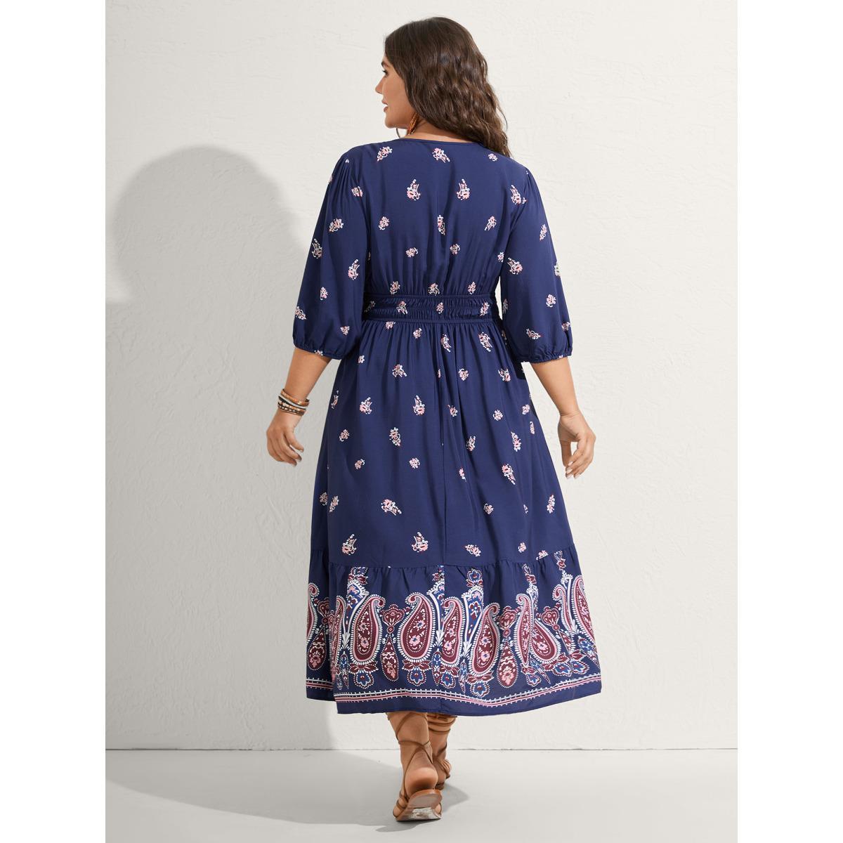 Plus Size Paisley Print Shirred Waist Midi Dress DarkBlue Women Flat collar with V-notch Elbow-length sleeve Curvy BloomChic 14-16/1X Product Image