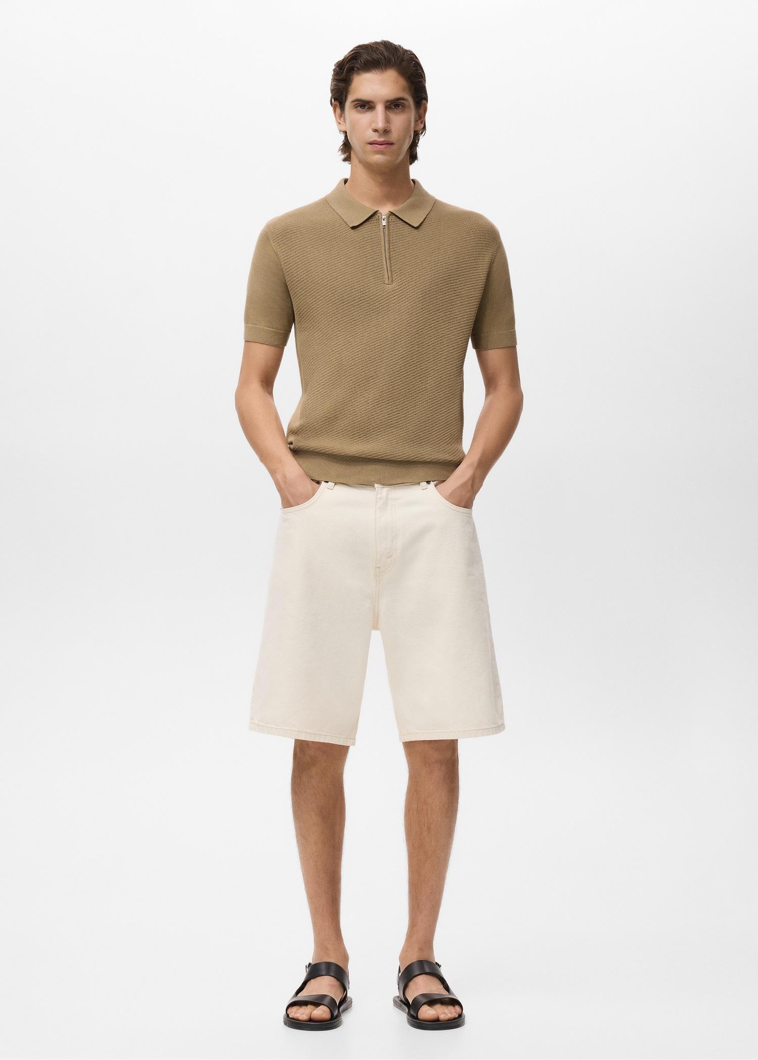Openwork knitted polo shirt with zipper - Men | MANGO USA Product Image