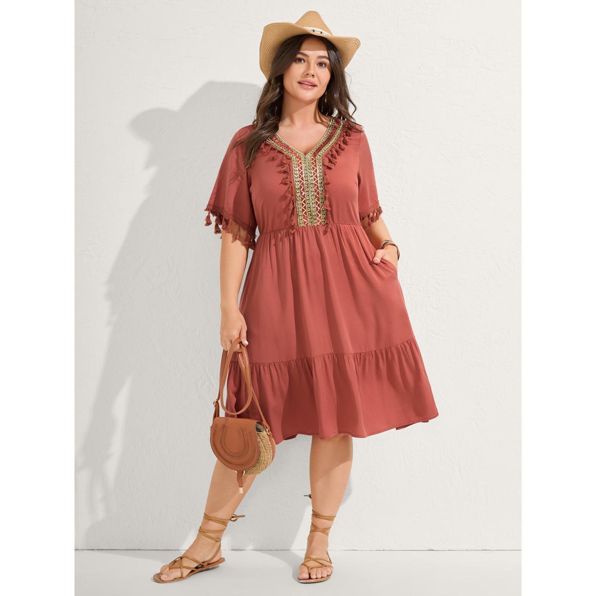 Plus Size Rayon Stretchy Waist Pockets Midi Dress Rust Women V-neck Half Sleeve Curvy BloomChic 14-16/1X Product Image