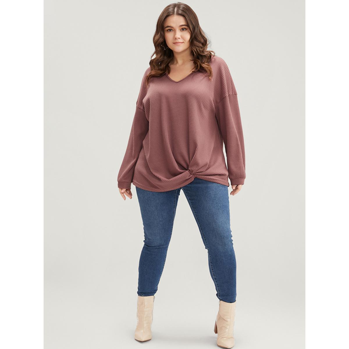 Plus Size Solid V Neck Twist Front Waffle Knit Sweatshirt Women DustyPink Elegant Asymmetrical V-neck Dailywear Sweatshirts BloomChic 26/4X Product Image
