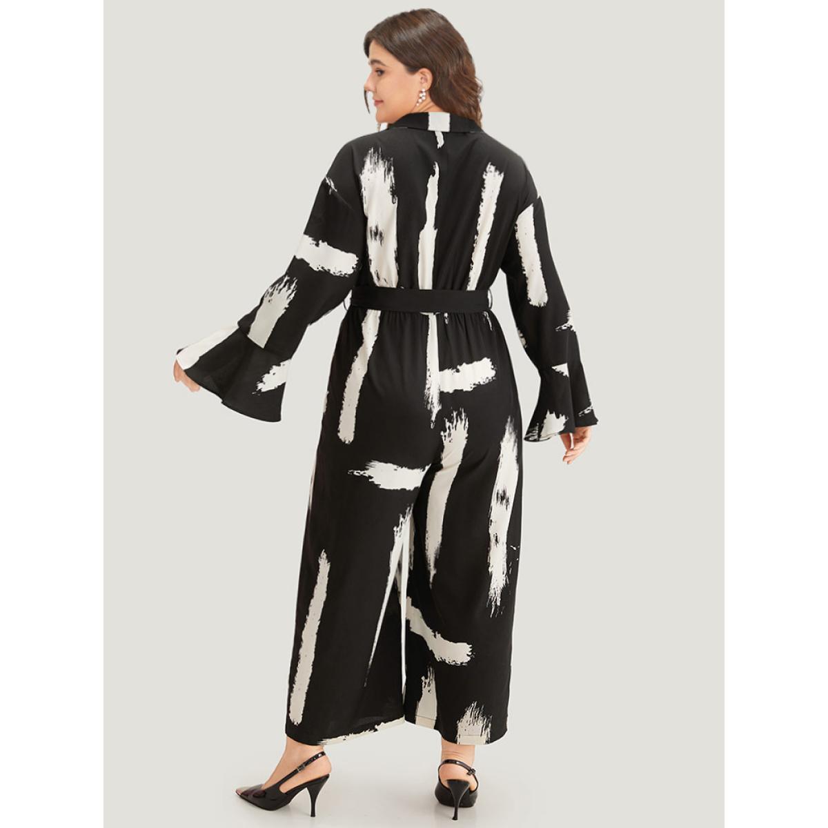 Plus Size BlackFlower Brush Print Button Up Belted Bell Sleeve Jumpsuit Women Office Long Sleeve Shirt collar Work Loose Jumpsuits BloomChic 18-20/2X Product Image