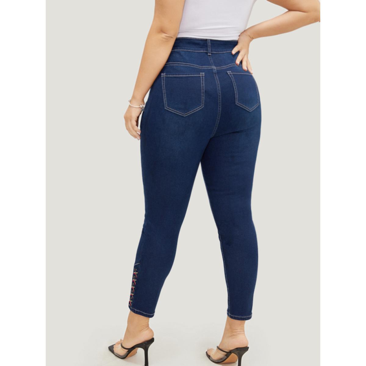 Plus Size Very Stretchy High Rise Dark Wash Geometric Embroidered Jeans Women Indigo Casual Plain Embroidered High stretch Pocket Jeans BloomChic 12/L Product Image