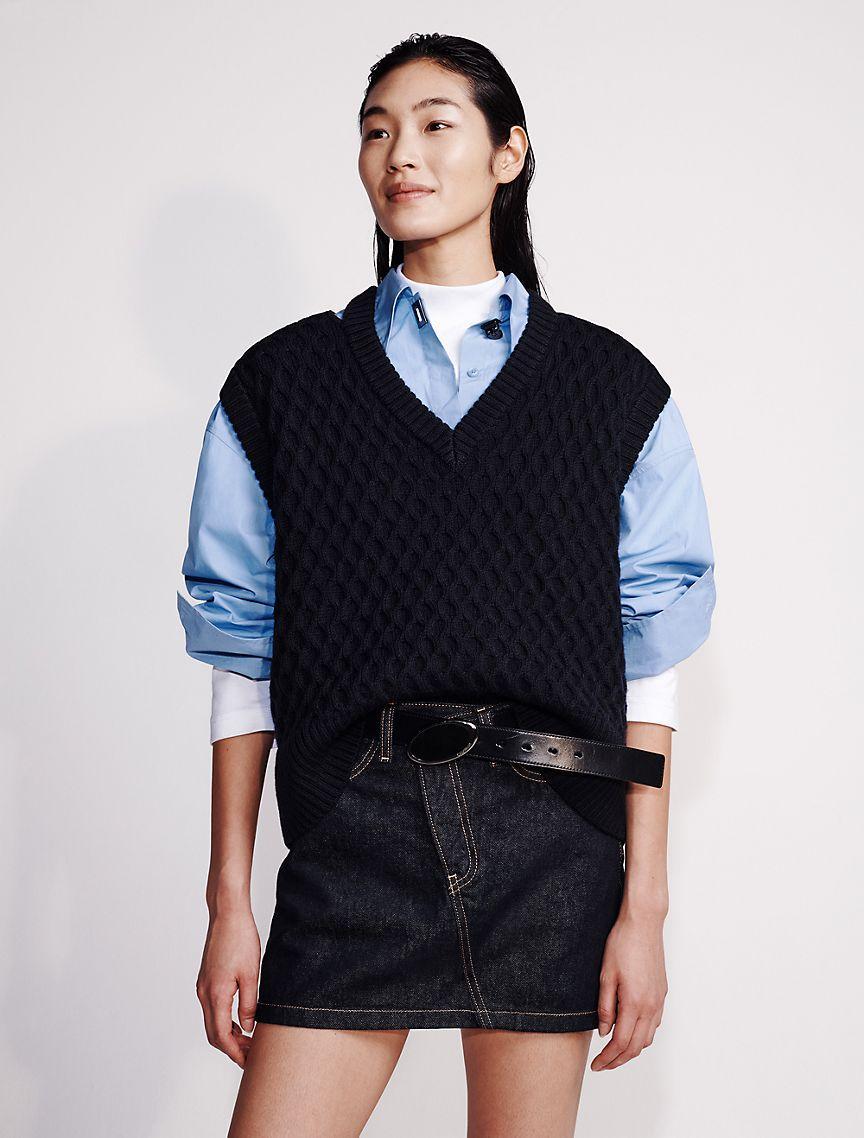 Calvin Klein Women's Merino Wool Cable Knit Relaxed Vest - Black - L Product Image