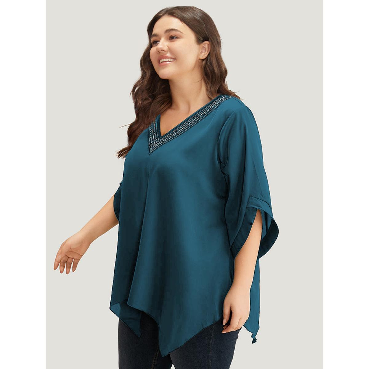 Plus Size Cyan Anti-Wrinkle Stitch Patchwork Hanky Hem Blouse Women Glamour Half Sleeve V-neck Going out Blouses BloomChic 18-20/2X Product Image