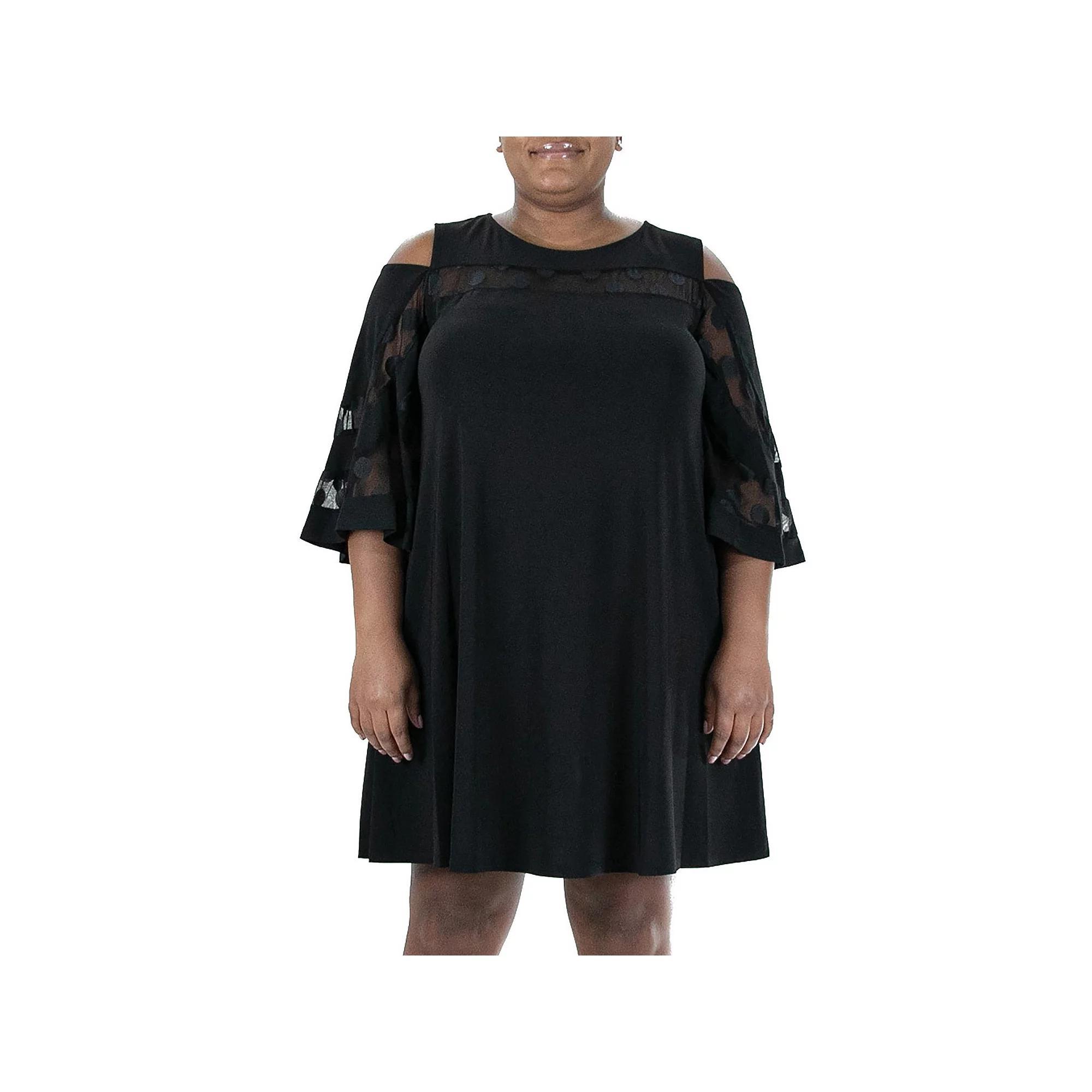 Plus Size Nina Leonard Mesh Yoke Cold-Shoulder Swing Dress, Women's, Size: 1XL, Black Product Image