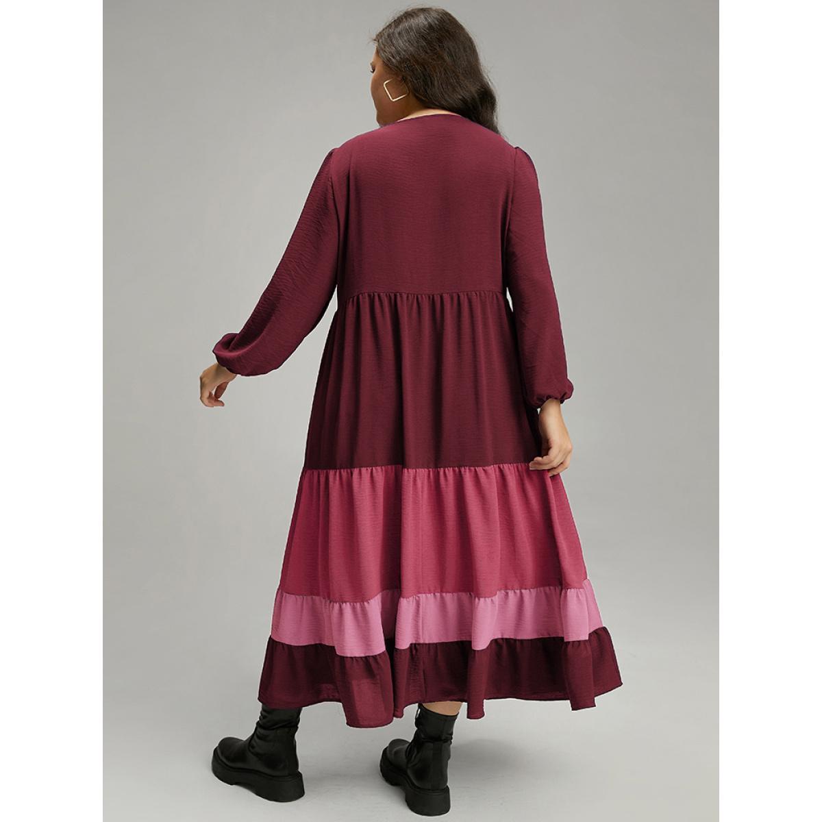 Plus Size Colorblock Contrast Square Neck Ruffle Layered Hem Dress Scarlet Women Casual Elastic cuffs Square Neck Long Sleeve Curvy Long Dress BloomChic 28/5X Product Image