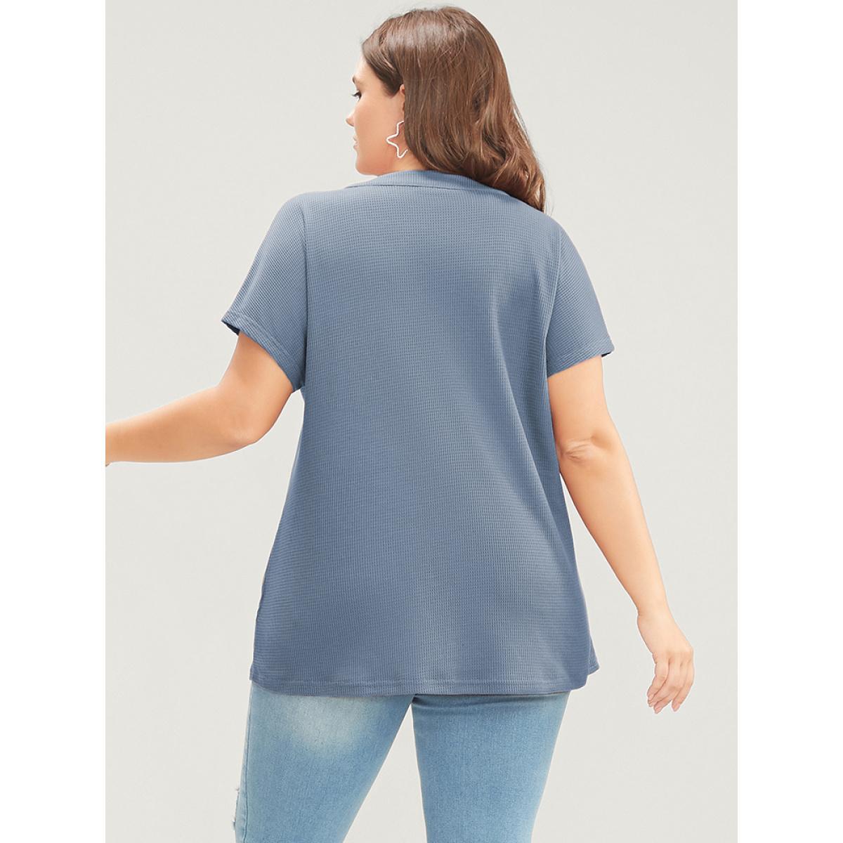 Plus Size Solid Dolman Sleeve Button Detail Waffle Knit T-shirt Stone Women Casual Button Plain V-neck Dailywear T-shirts BloomChic 28/5X Product Image