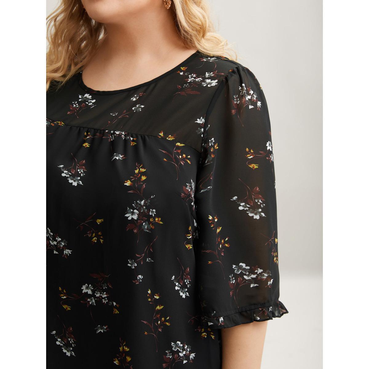Plus Size Black Floral Print Sheer Ruffled Trim Sleeve Shirt Women Elegant Elbow-length sleeve Round Neck Everyday Blouses BloomChic 26/4X Product Image