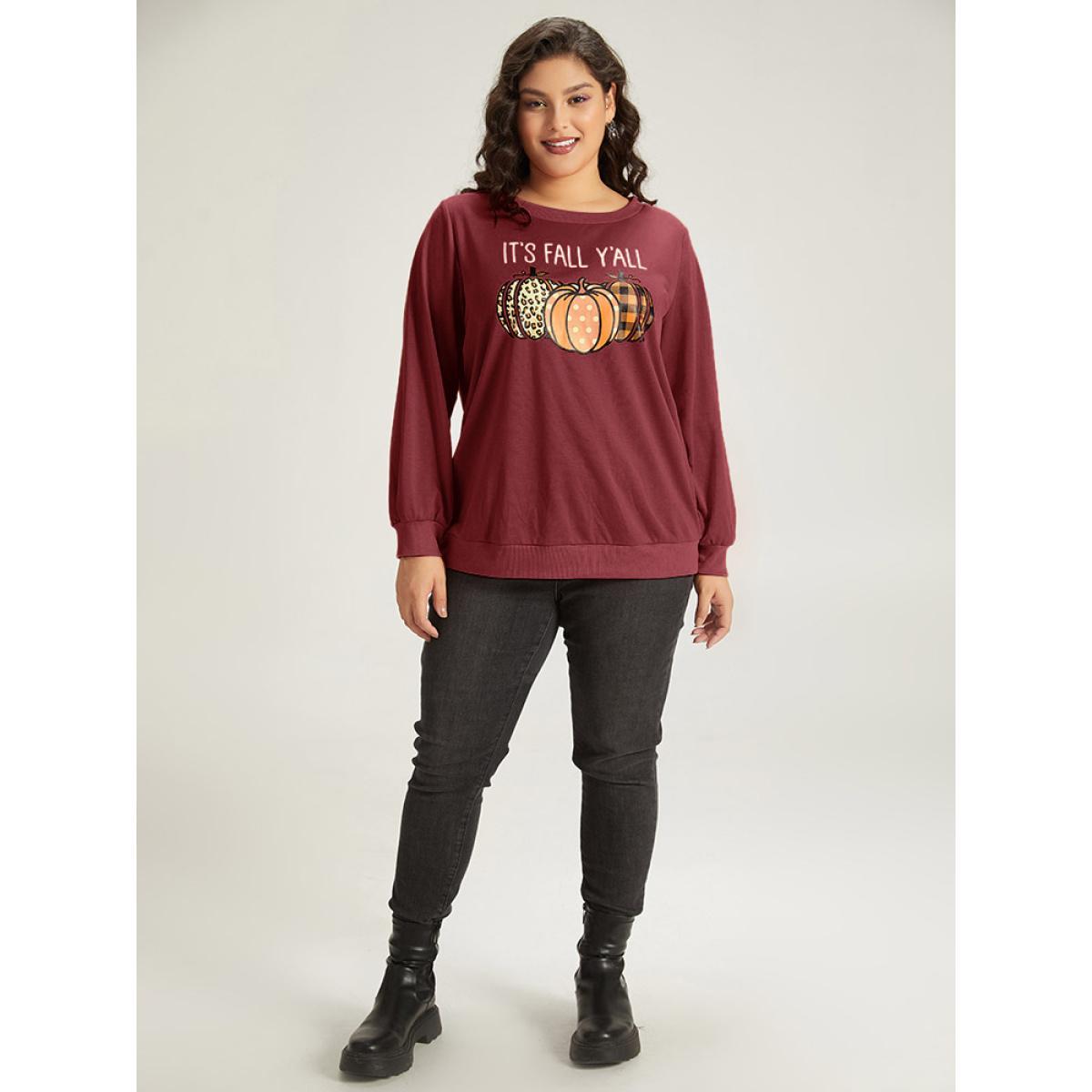 Plus Size Halloween Pumpkin Crew Neck Elastic Cuffs Sweatshirt Women Scarlet Casual Elastic cuffs Festival-Halloween Sweatshirts BloomChic 22-24/3X Product Image