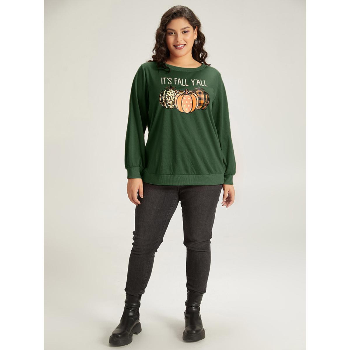 Plus Size Halloween Pumpkin Crew Neck Elastic Cuffs Sweatshirt Women Scarlet Casual Elastic cuffs Festival-Halloween Sweatshirts BloomChic 22-24/3X Product Image