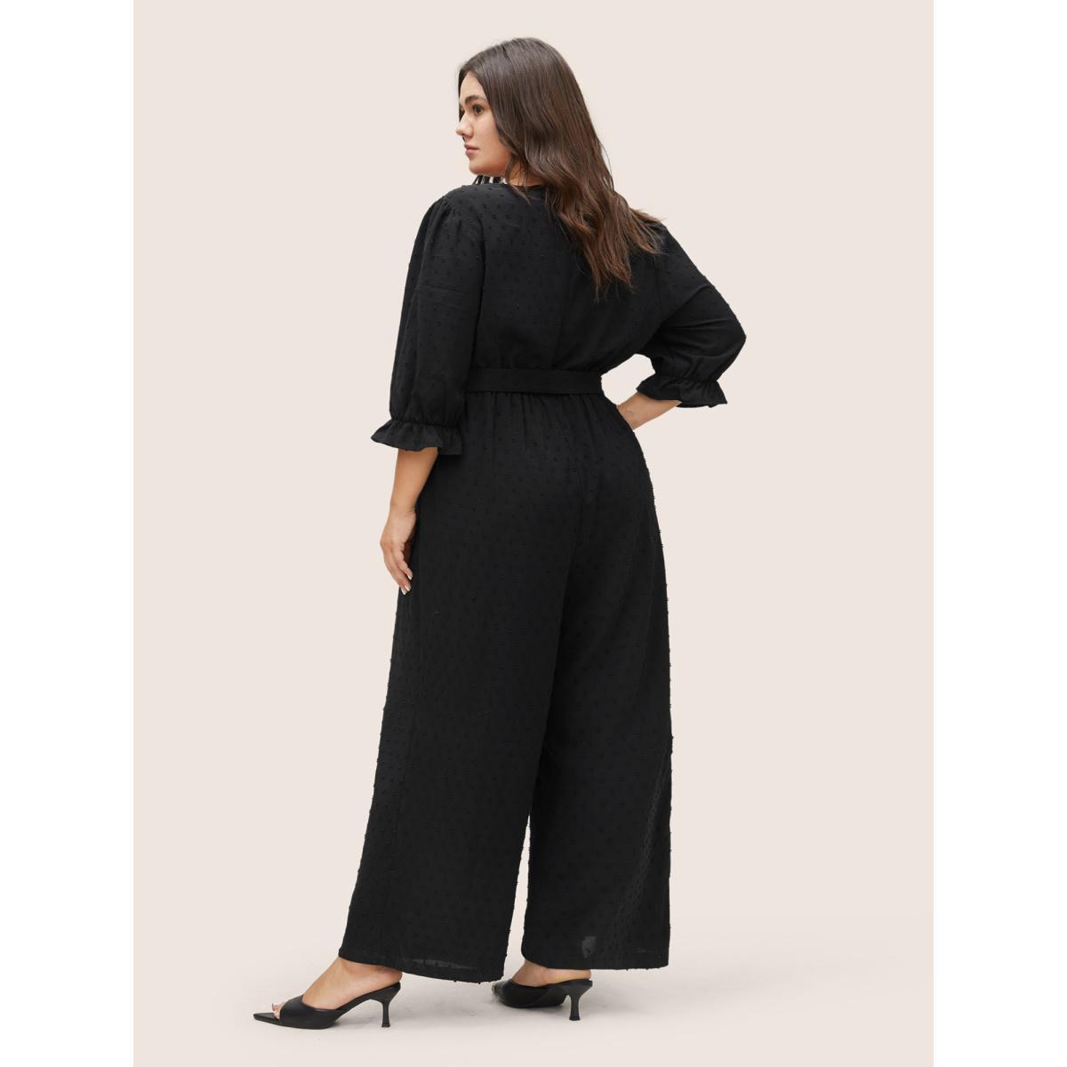 Plus Size Black Solid Texture Heart Buckle Detail Belted Jumpsuit Women Elegant Half Sleeve V-neck Everyday Loose Jumpsuits BloomChic 30/6X Product Image