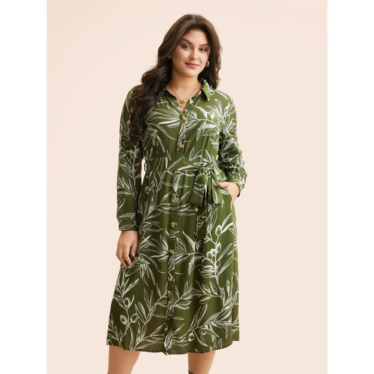 Plus Size Shirt Collar Plants Print Belted Dress Olive Women Casual Shirt collar Long Sleeve Curvy BloomChic 12/L Product Image