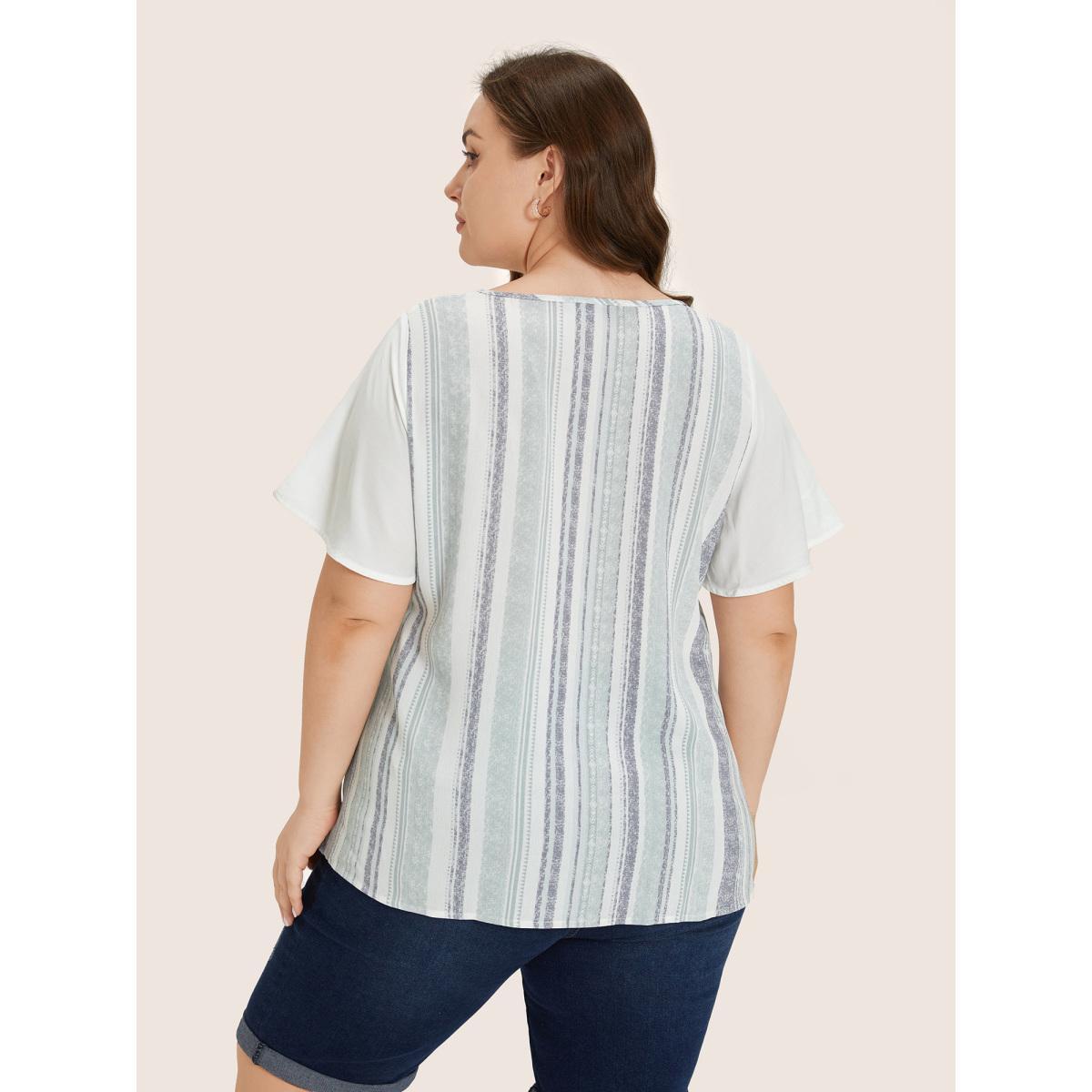 Plus Size Gray Striped Contrast Patchwork Ruffle Sleeve Blouse Women Resort Short sleeve V-neck Vacation Blouses BloomChic 30/6X Product Image