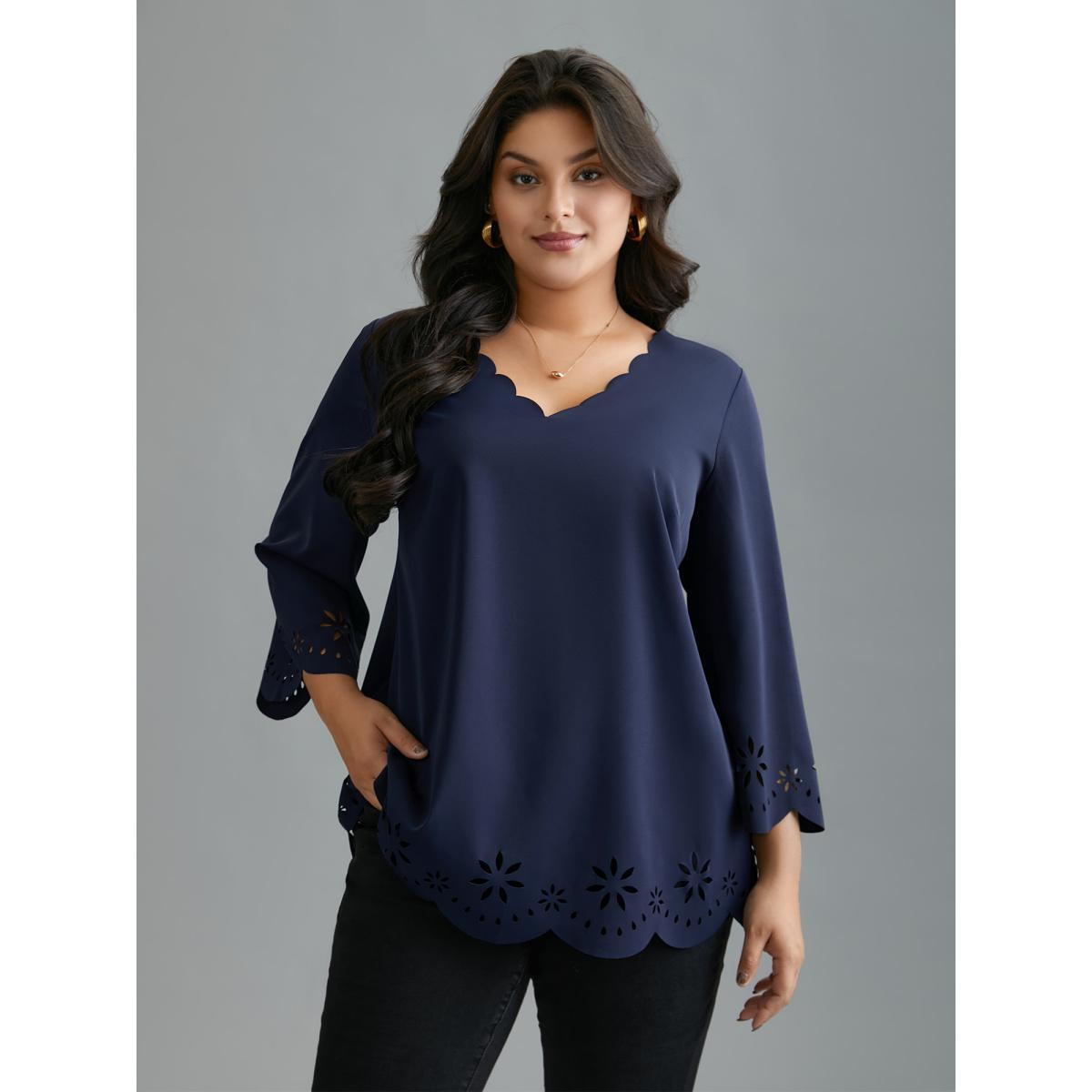 Plus Size Indigo Laser Cut Design V-Neck Blouse Women At the Office Three Quater Length Sleeve V-neck Work Blouses BloomChic 22-24/3X Product Image