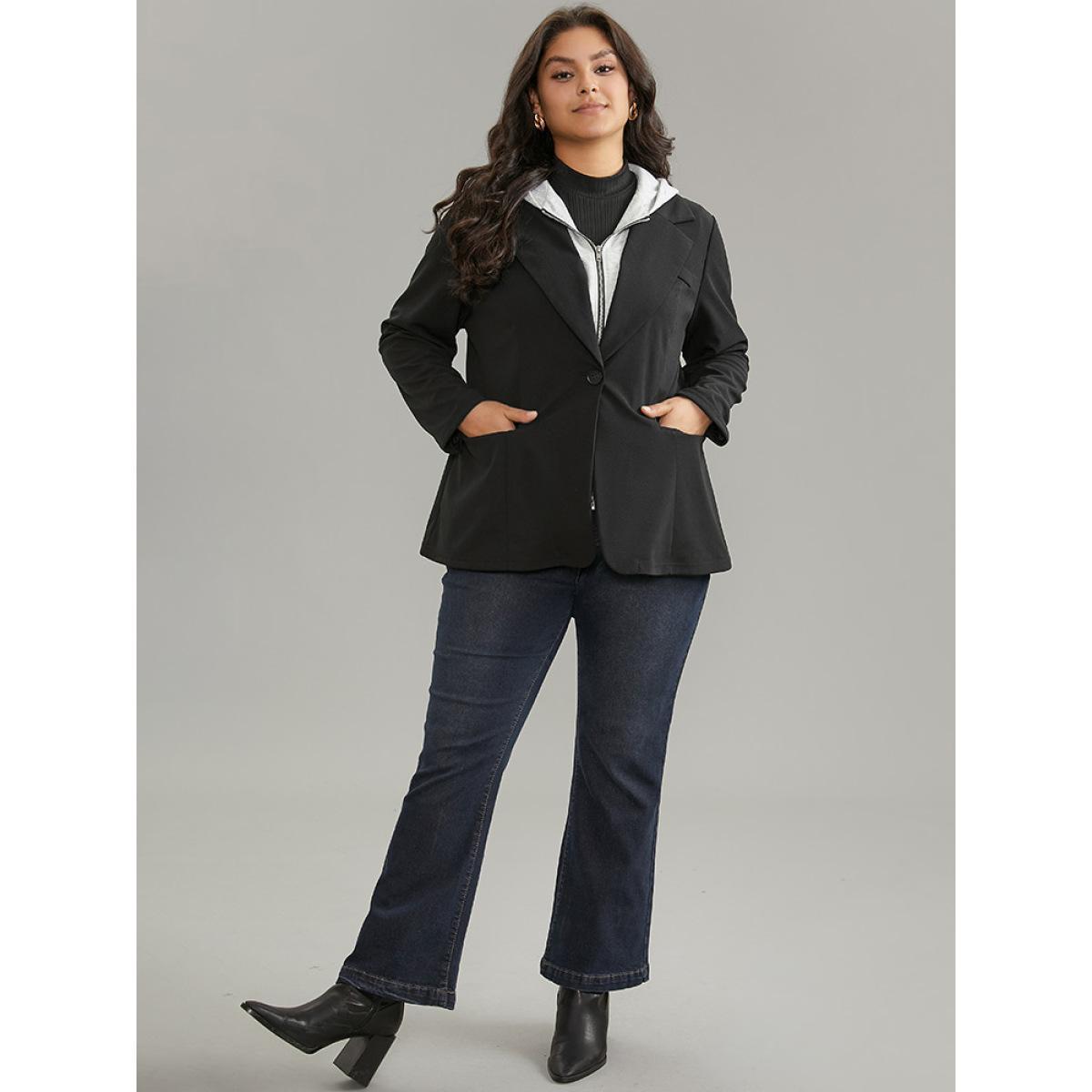 Plus Size Contrast Patchwork Zipper Button Up Hooded Blazer Black Women Dailywear Plain Lined Sleeve Long Sleeve Hooded 12/L Pocket Casual Blazers BloomChic Product Image