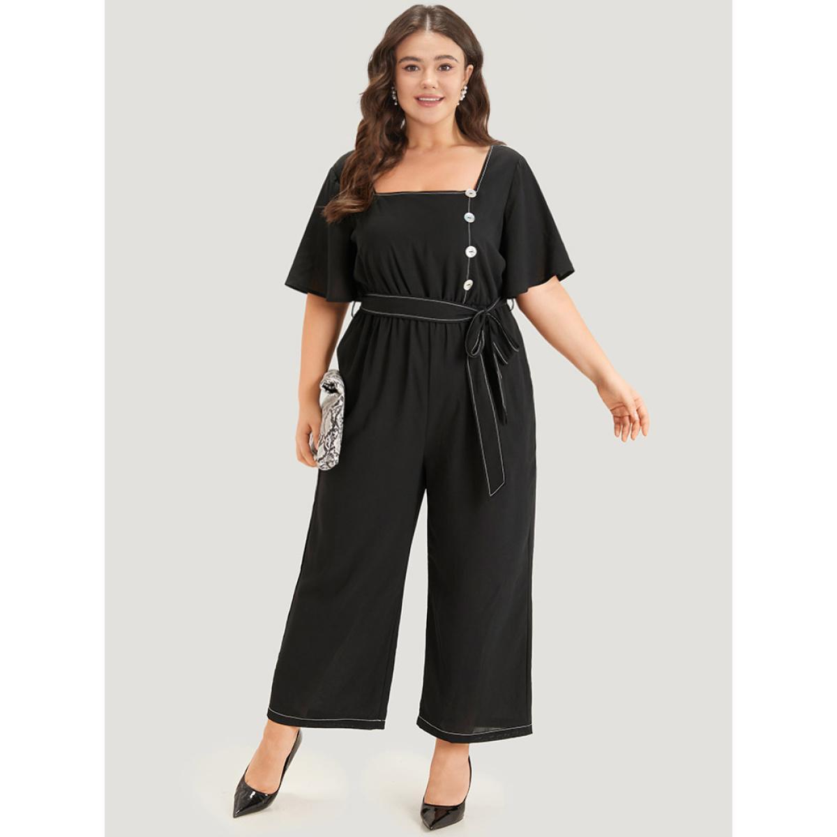Plus Size Black Contrast Stitch Pocket Button Detail Belted Zipper Jumpsuit Women Office Short sleeve Square Neck Work Loose Jumpsuits BloomChic 12/L Product Image