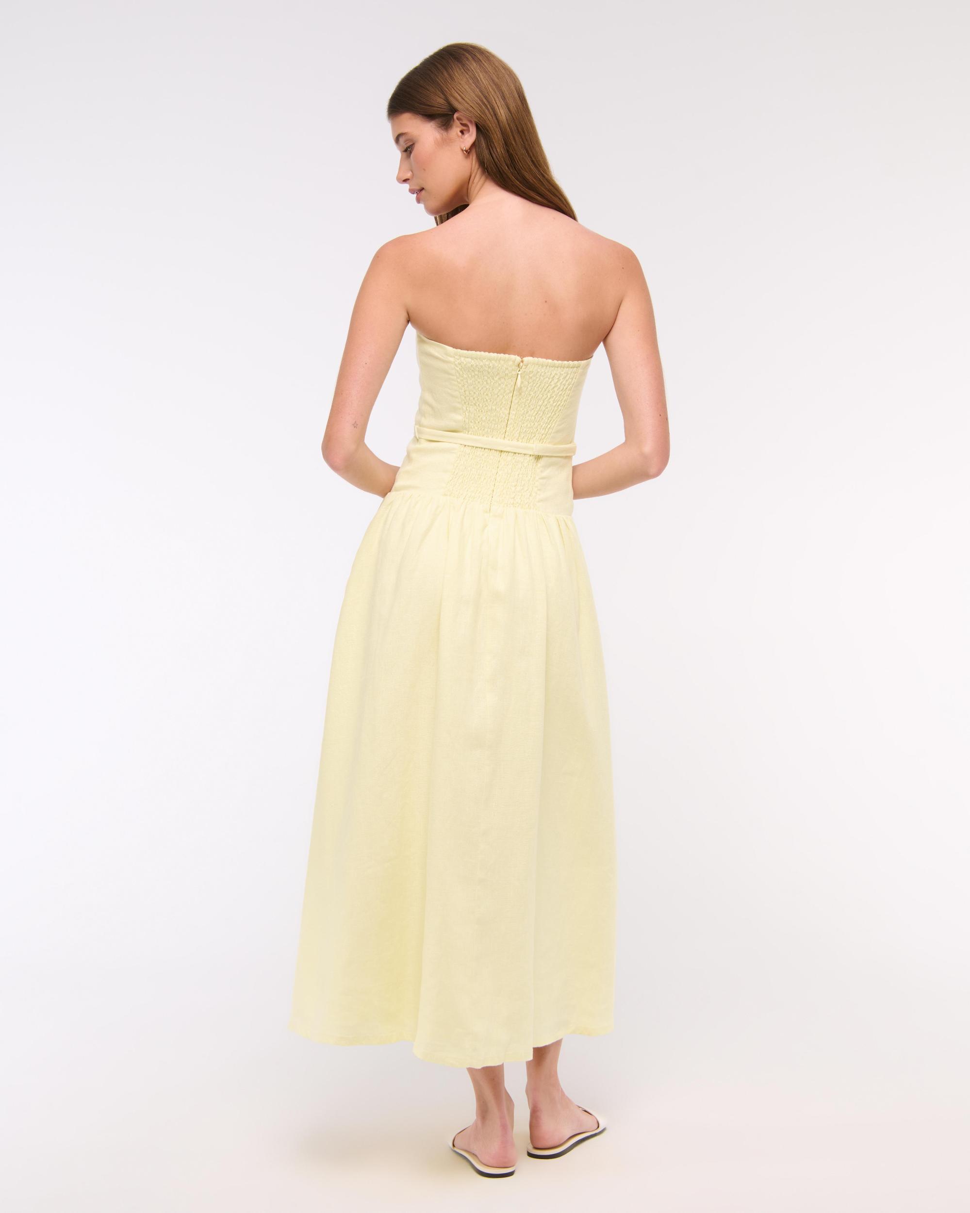 Premium Linen Drop-Waist Belted Midi Dress Product Image