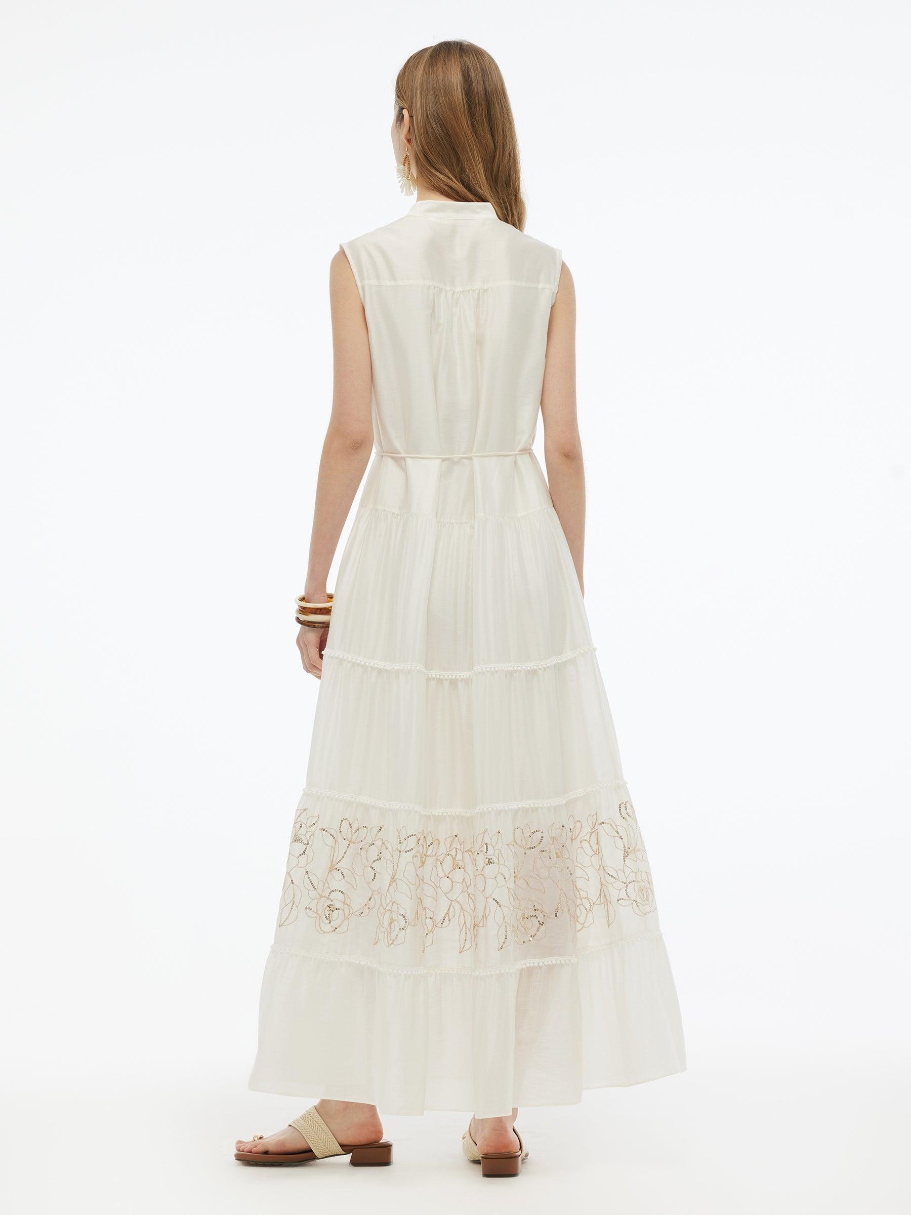 Tencel Blend Embroidered Women Maxi Vest Dress With Tie String Belt Product Image
