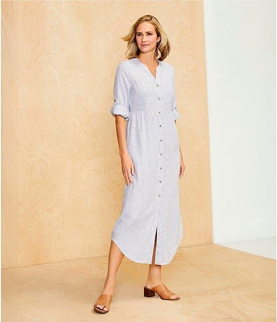 Westbound Stripe 3/4 Rolled Sleeve Y-Neck Button-Front Maxi Shirt Dress Product Image