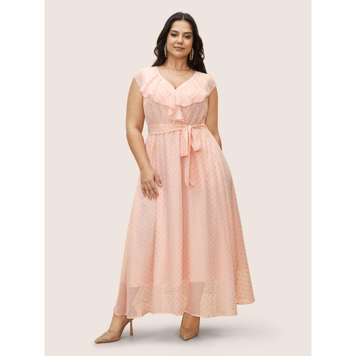 Plus Size Polka Dot Ruffles Belted Sleeveless Dress MistyRose Women Formal Belted V-neck Sleeveless Curvy BloomChic 28/5X Product Image