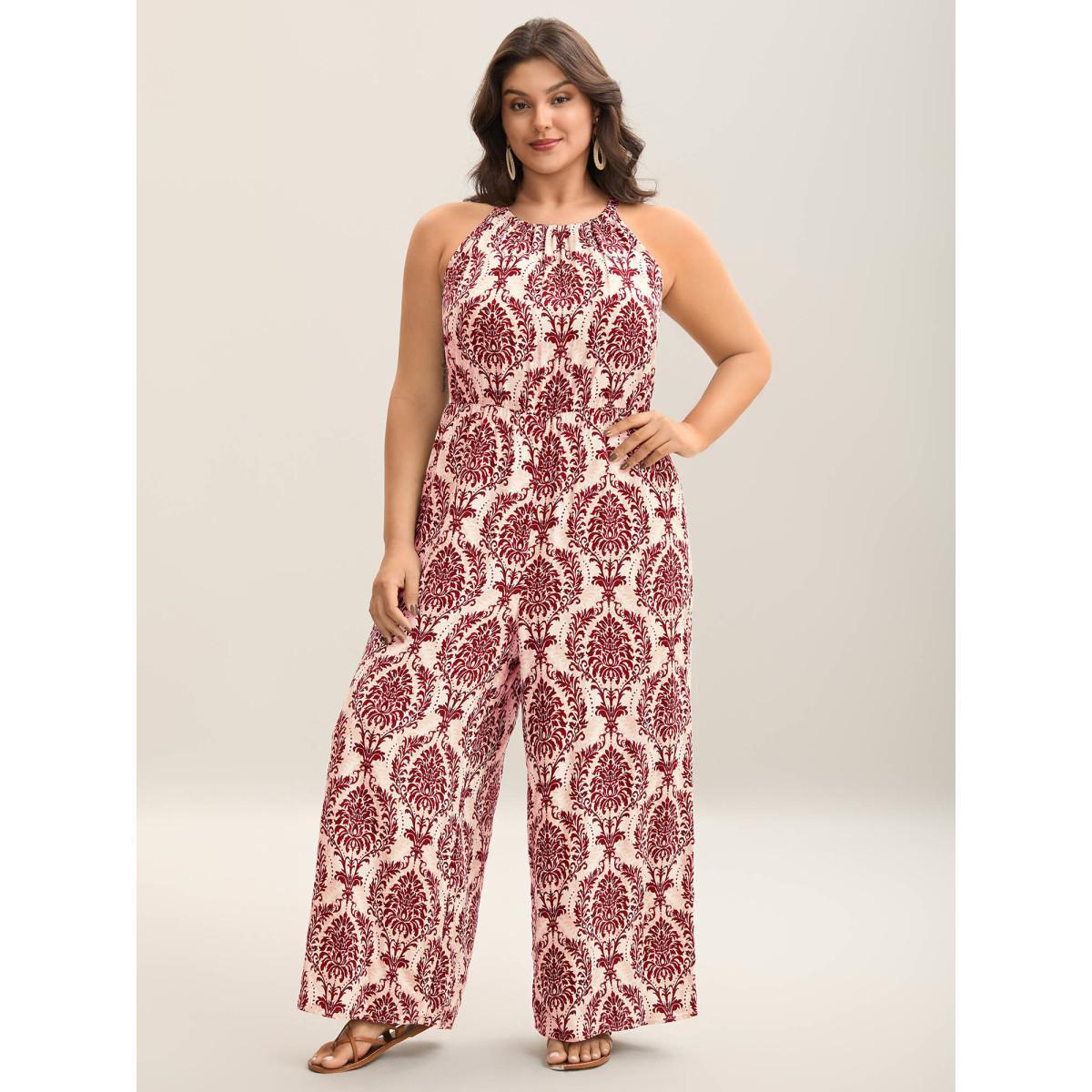Plus Size Rust Rayon Damask Print Stretchy Waist Jumpsuit Women Sleeveless Halter neck Vacation Loose Jumpsuits BloomChic 28/5X Product Image