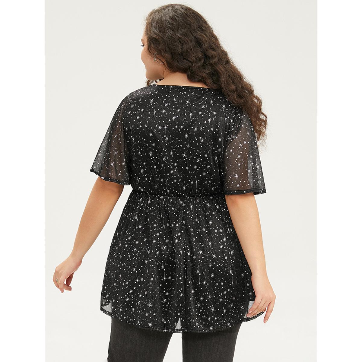 Plus Size Black Halloween Star Glitter Wrap Mesh Flutter Sleeve Blouse Women Elegant Short sleeve V-neck Festival-Halloween Blouses BloomChic 18-20/2X Product Image