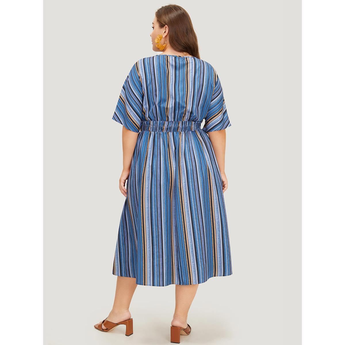 Plus Size Striped Contrast Pocket Knot Shirred Batwing Sleeve Dress Indigo Women Vacation Gathered V-neck Short sleeve Curvy Midi Dress BloomChic 28/5X Product Image