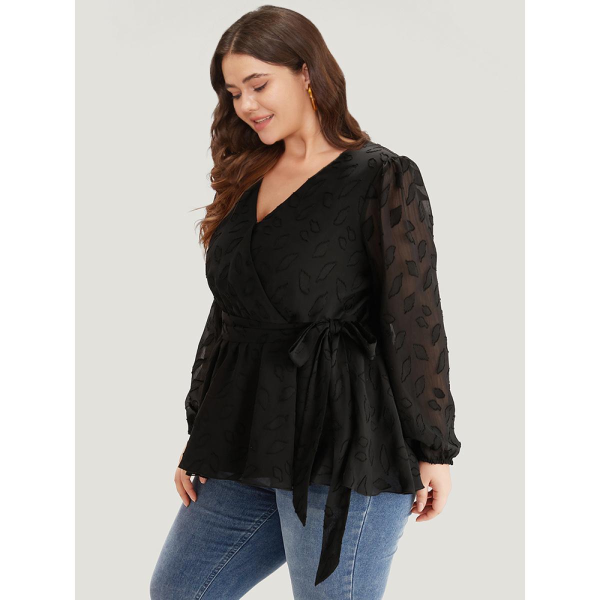 Plus Size Black Crochet Mesh Belted Gathered Wrap Lantern Sleeve Blouse Women Elegant Long Sleeve V-neck Dailywear Blouses BloomChic 28/5X Product Image
