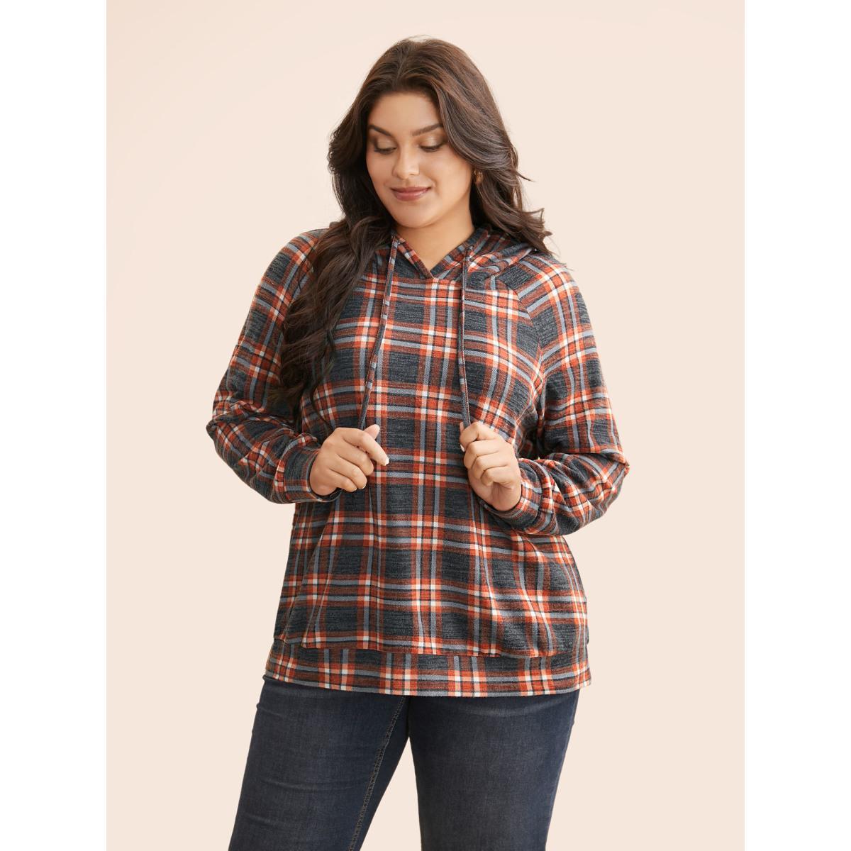 Plus Size Plaid Hooded Drawstring Raglan Sleeve Sweatshirt Women Multicolor Casual Drawstring Hooded Everyday Sweatshirts BloomChic 22-24/3X Product Image