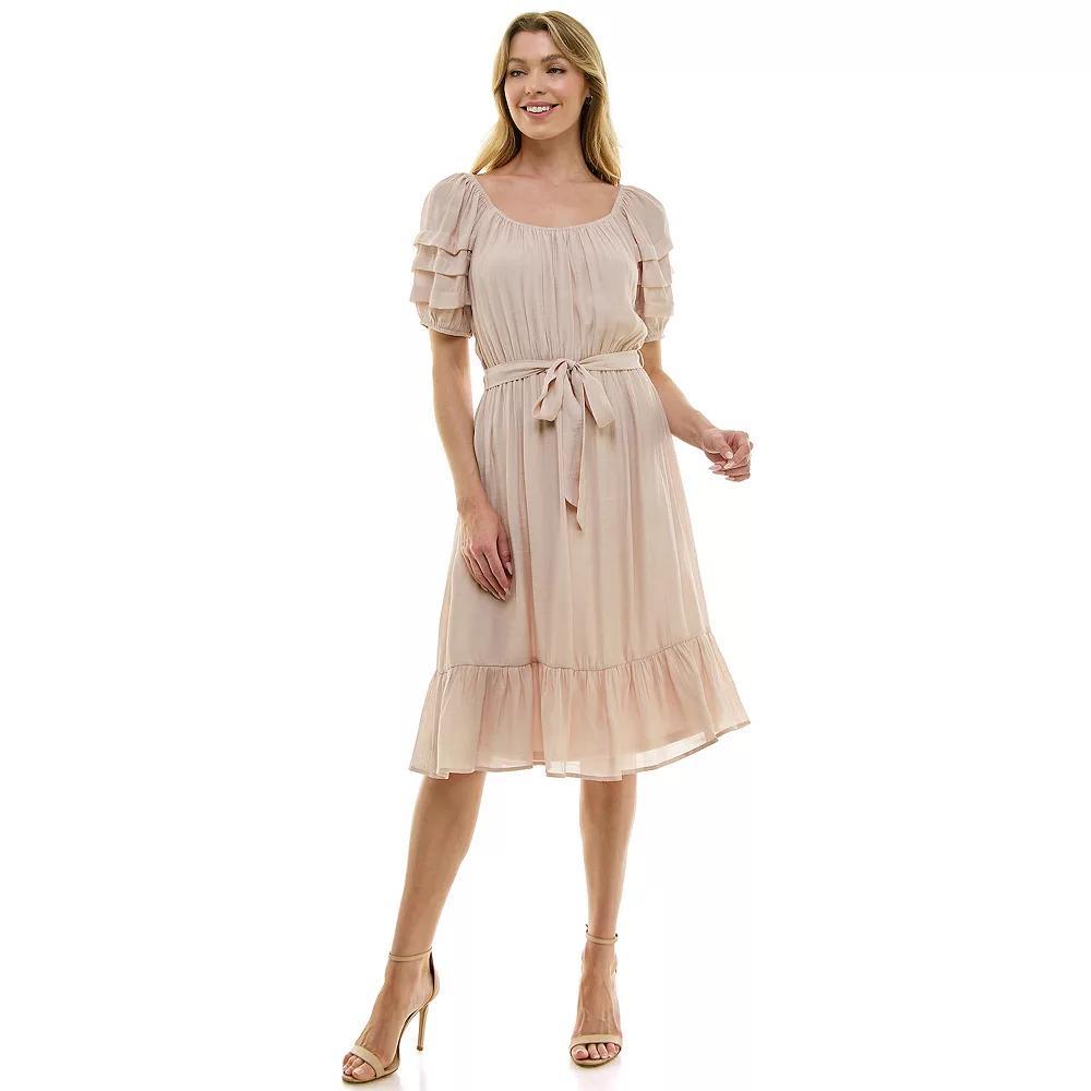 Women's Luxology Pleated Sleeve Belted Midi Dress, Size: Medium, Brown Product Image