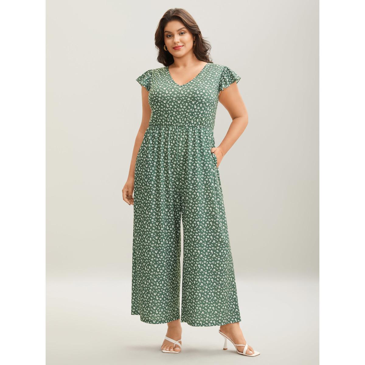 Plus Size Moss Floral Print Backless Ruffled Jumpsuit Women Cap Sleeve V-neck Vacation Loose Jumpsuits BloomChic 10/M Product Image