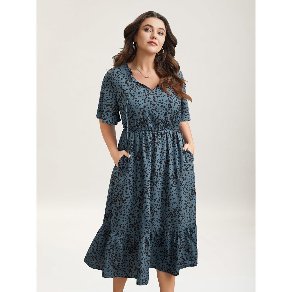 Plus Size Animal Print Tied Tiered Midi Dress Stone Women Casual Tie knot Notched collar Short sleeve Curvy BloomChic 28/5X Product Image