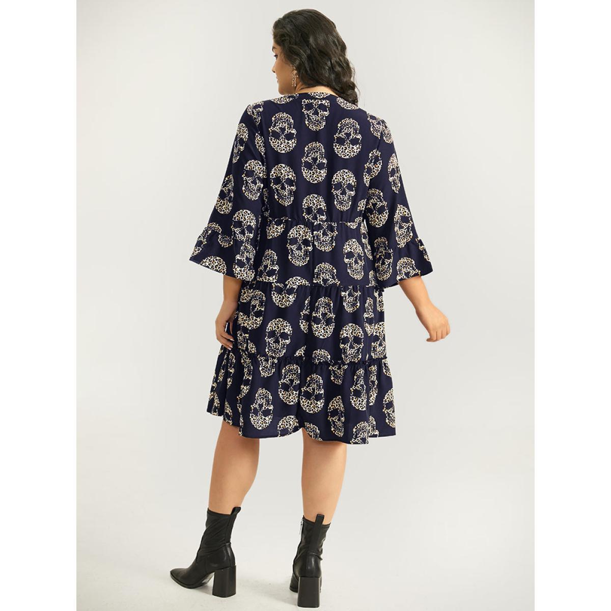 Plus Size Halloween Skull Print Notched Flutter Dress Black Women Office Gathered Notched collar Elbow-length sleeve Curvy Midi Dress BloomChic 22-24/3X Product Image